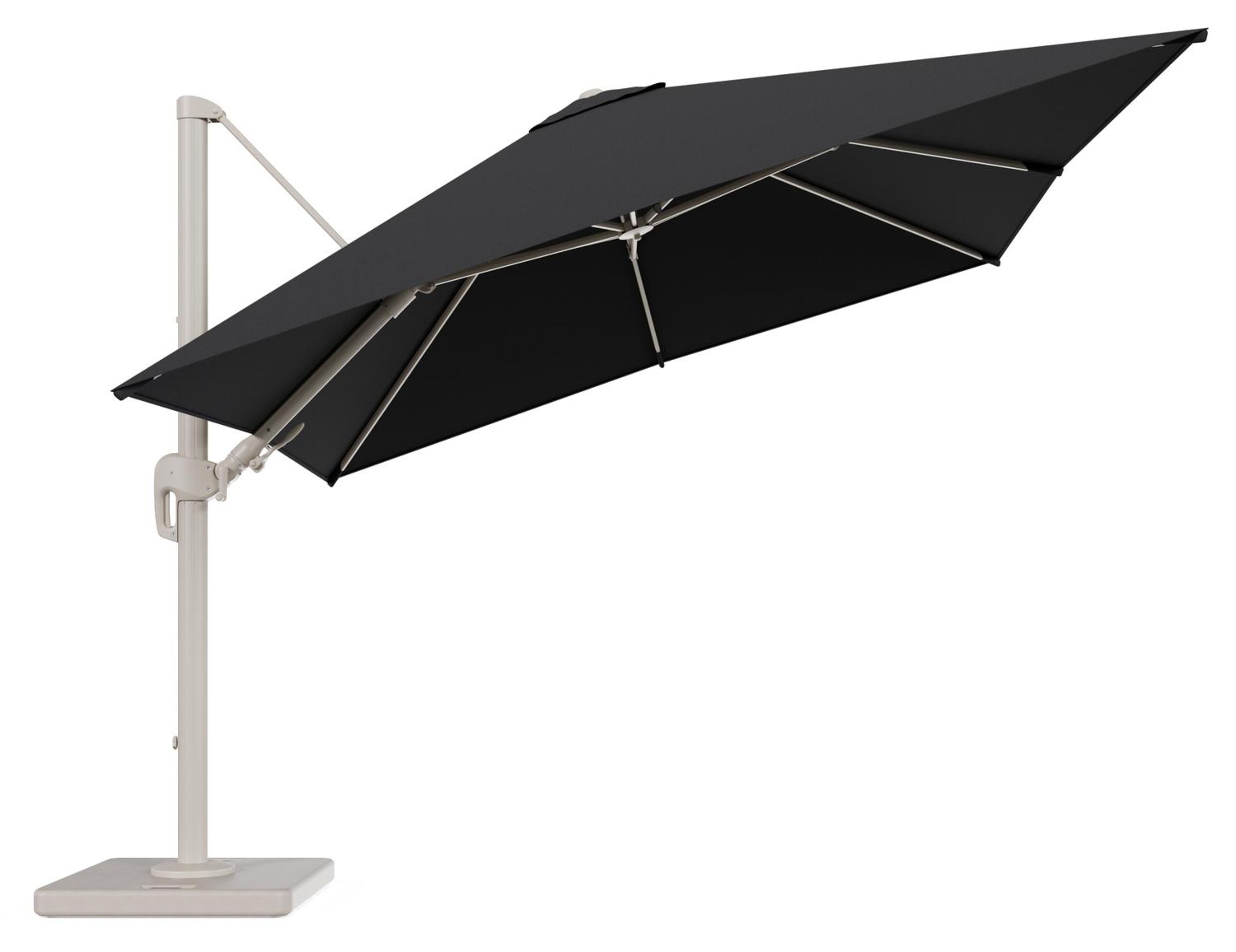 Rufina zweefparasol tiltfunctie in beige aluminium en parasoldoek in All Weather Sunbrella® Luxe Natte Sooty - L1 300 x L2 300 cm met parasolvoet Lapido 120 kg