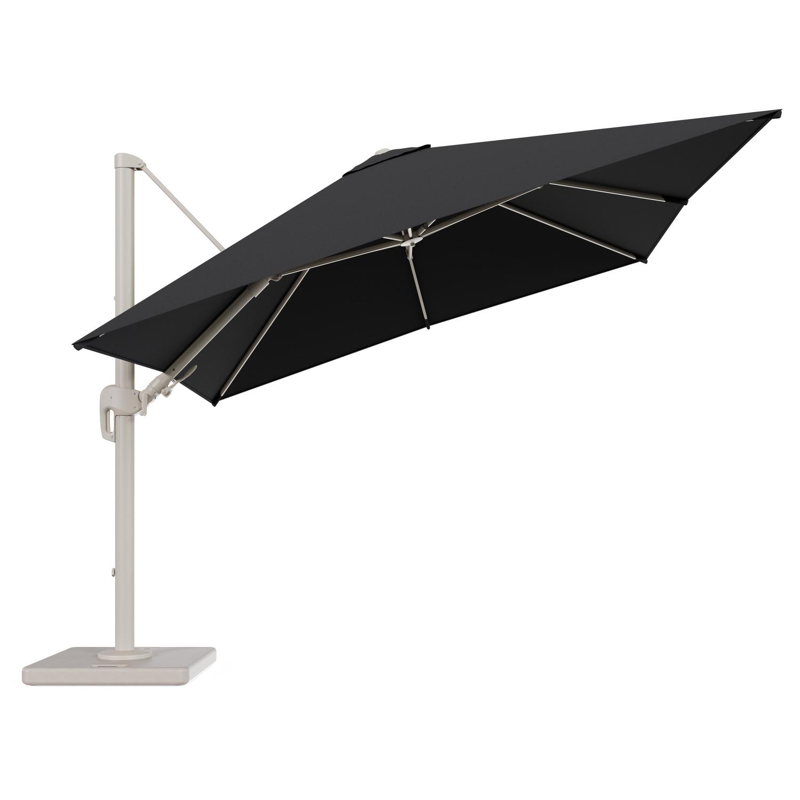 Rufina zweefparasol tiltfunctie in beige aluminium en parasoldoek in All Weather Sunbrella® Luxe Natte Sooty - L1 300 x L2 300 cm met parasolvoet Lapido 120 kg