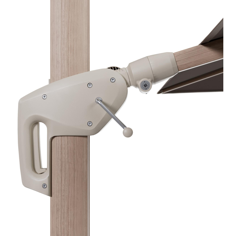 Minore zweefparasol met tiltfunctie in houtlook aluminium en Natte Heather Grey All Weather Sunbrella® Luxe parasoldoek - L1: 350 x L2: 350 cm (zonder voet) (zonder voet)