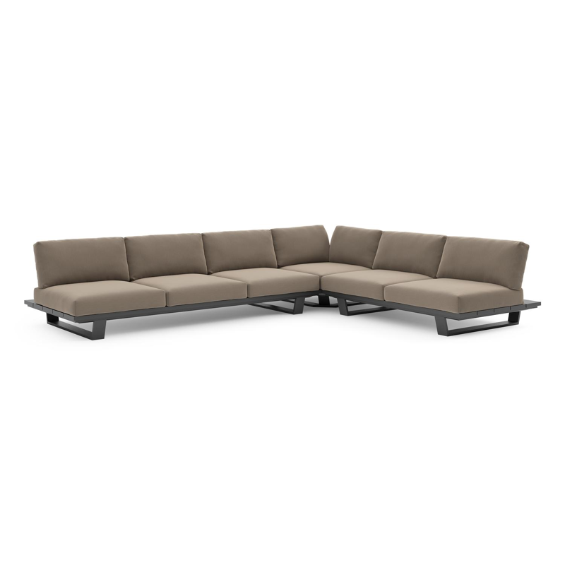 Salon de jardin d'angle Pagino en aluminium noir et coussins en all weather sunbrella® luxe natte heather grey