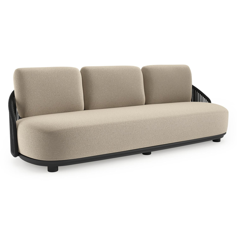 Canapé de jardin Vadelo en aluminium noir et corde ronde tissée verticalement noir et coussins en all weather cosytica marbella sand