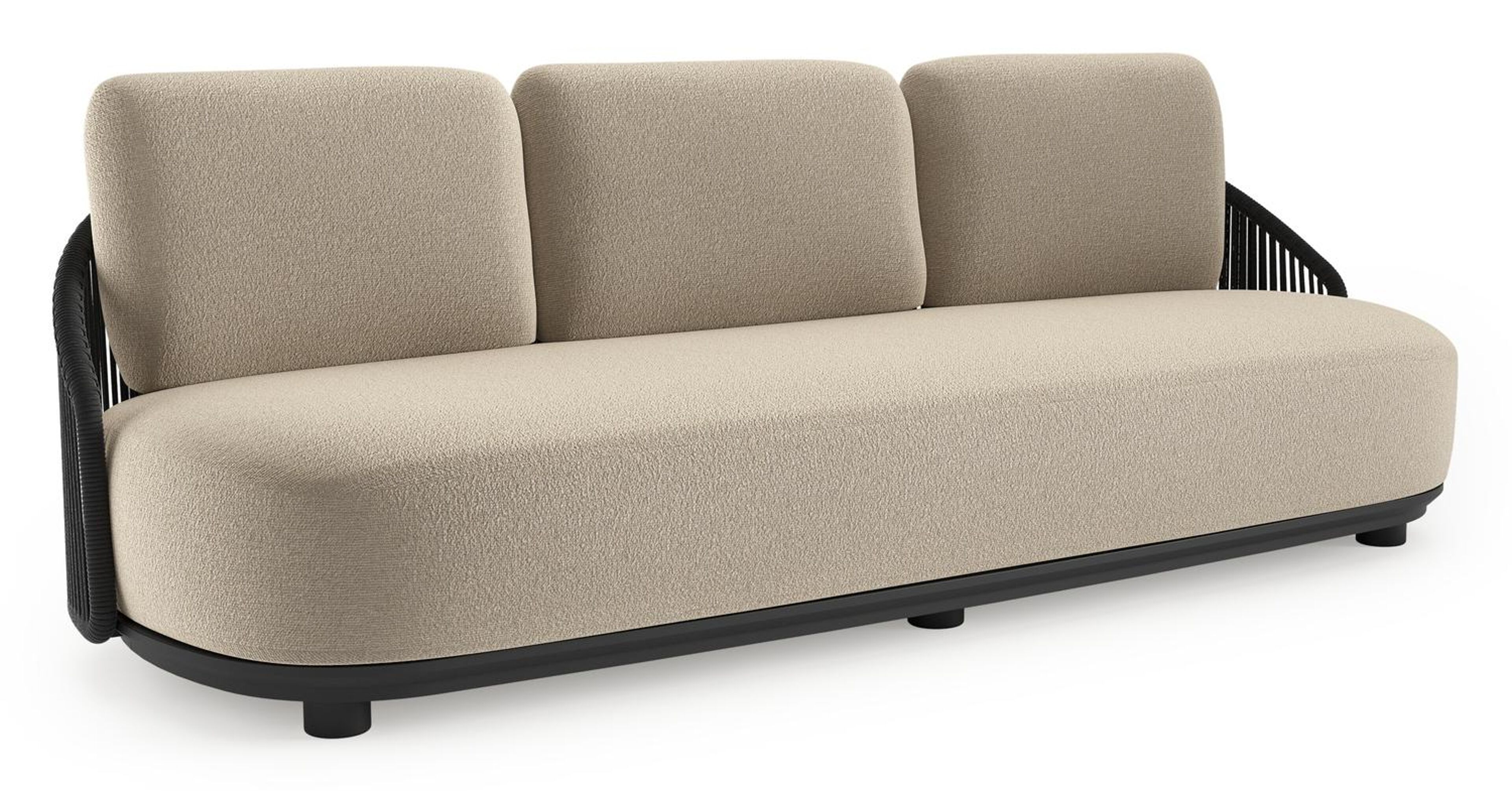 Canapé de jardin Vadelo en aluminium noir et corde ronde tissée verticalement noir et coussins en all weather cosytica marbella sand