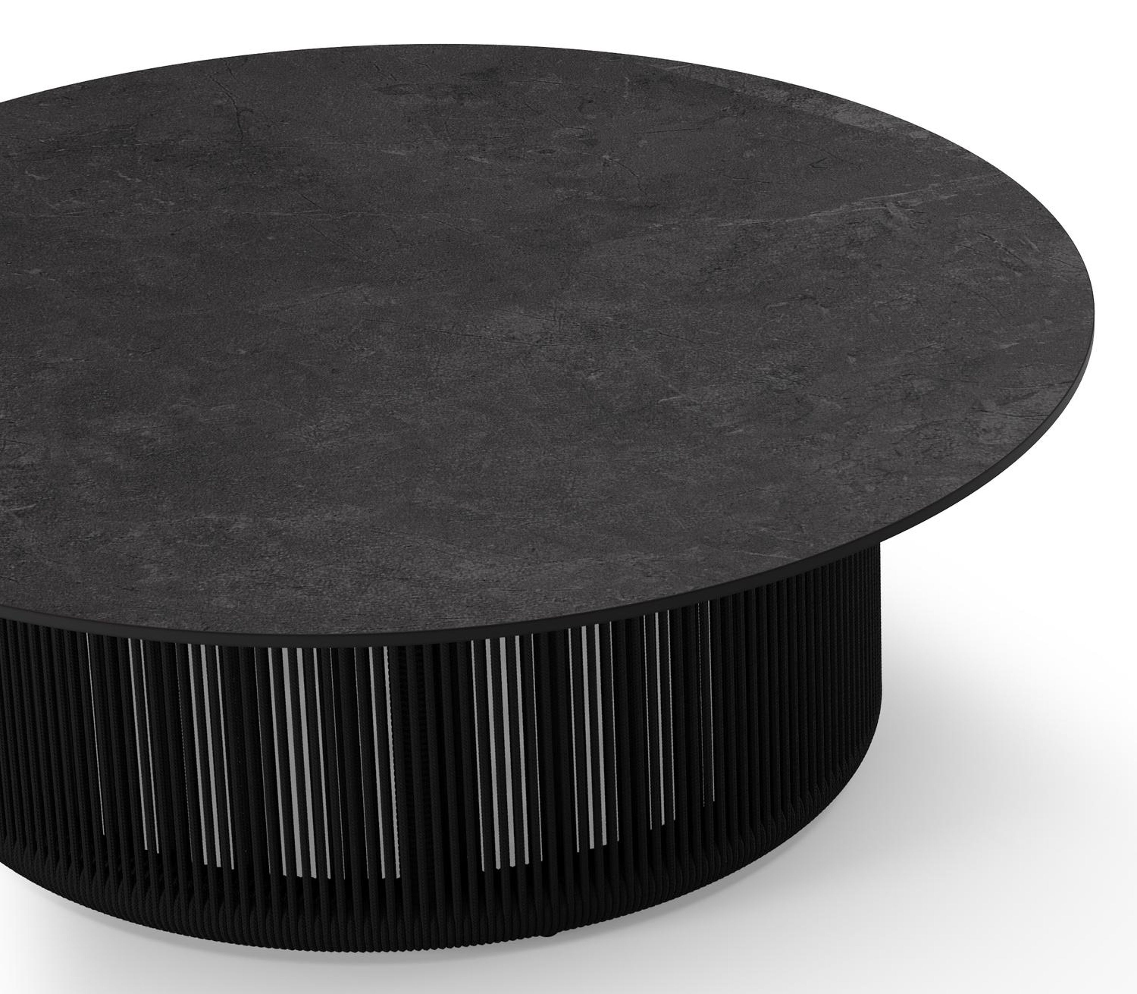 Erla loungetafel in zwart aluminium en zwart verticaal geweven ronde rope met zwart sintered stone - Dia. 90 x H 30 cm