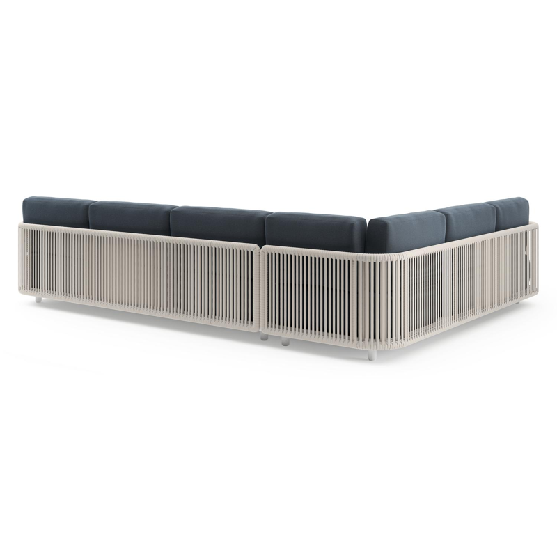 Organo loungehoek in wit aluminium en beige verticaal geweven luxe vlakke rope met heritage indigo all weather Sunbrella® luxe kussen