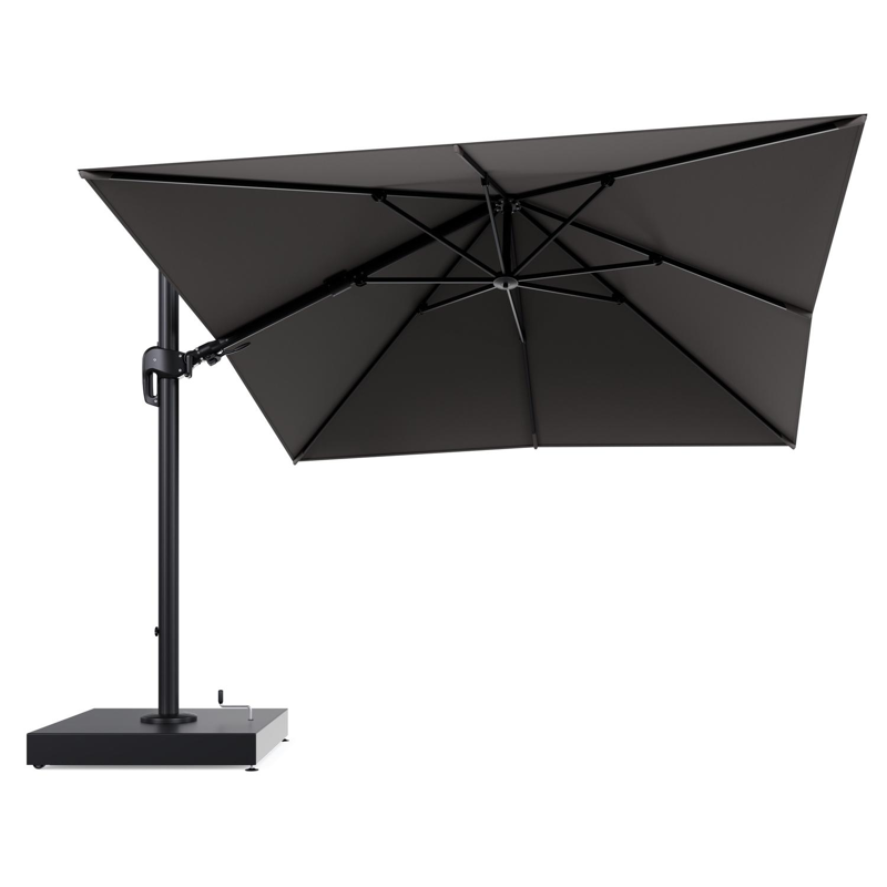 Rufina zweefparasol met tiltfunctie in zwart aluminium en Natte Nature Grey All Weather Sunbrella® Luxe parasoldoek - L1 300 x L2 300 cm met parasolvoet Minore 260 kg met wielen