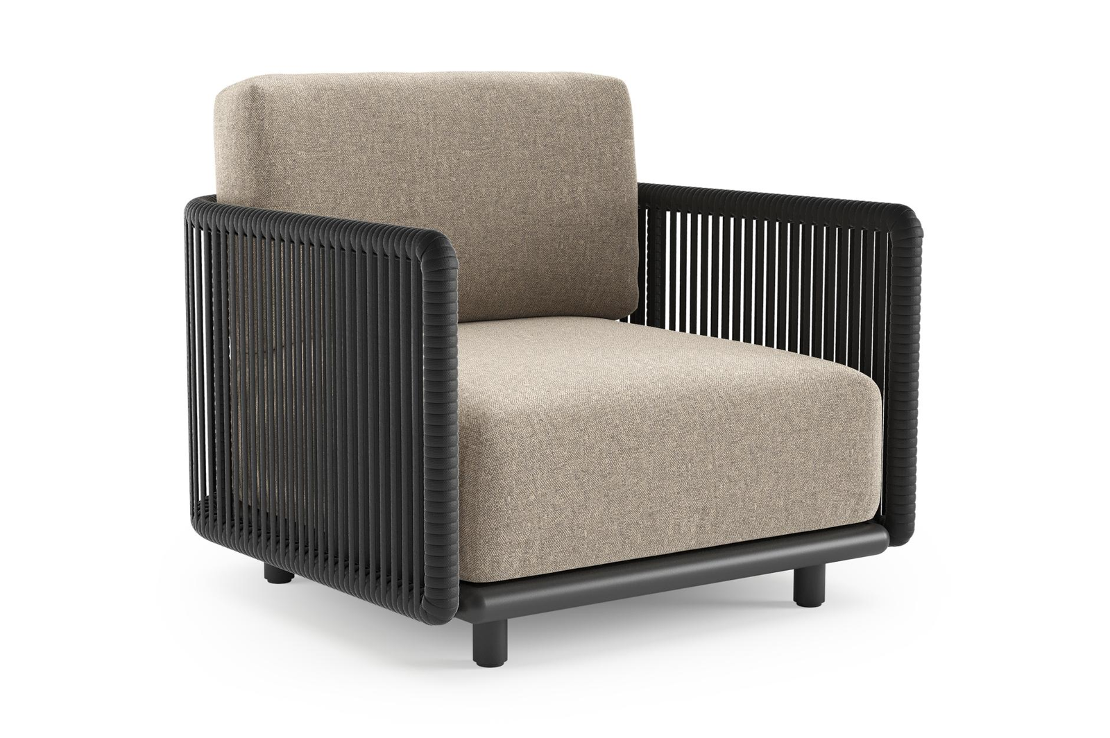 Organo loungestoel in zwart aluminium en zwart verticaal geweven luxe vlakke rope met chartres pewter all weather Sunbrella® luxe kussen