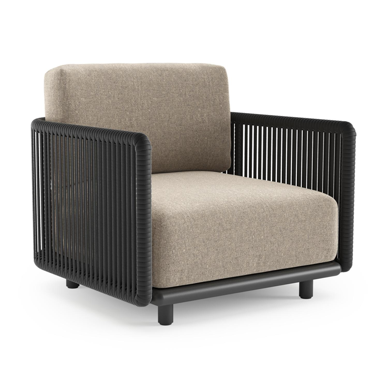 Organo loungestoel in zwart aluminium en zwart verticaal geweven luxe vlakke rope met chartres pewter all weather Sunbrella® luxe kussen