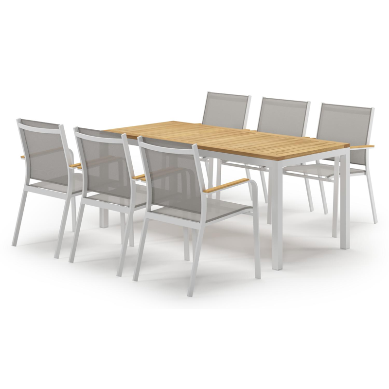 Feltro tuinset in wit aluminium en teak met 6 stapelbare Amalfi tuinstoelen