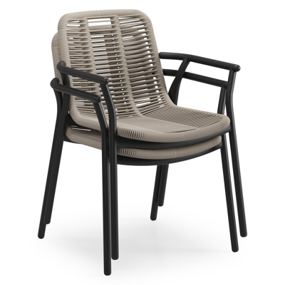 Berga tuinstoel in zwart aluminium en beige verticaal geweven ronde rope