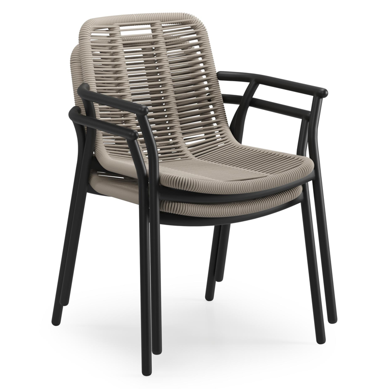 Reza tuinset in zwart aluminium en notte minerale sintered stone met 8 stapelbare Berga tuinstoelen