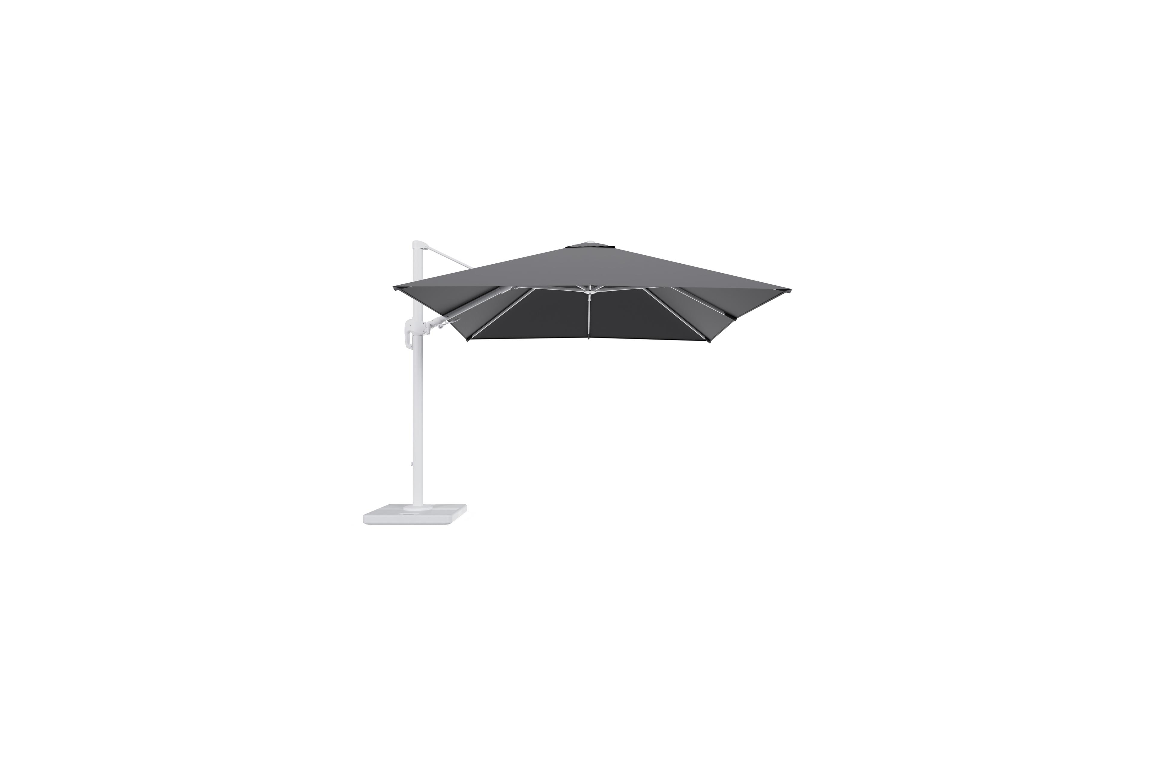Parasol pendant Rufina avec fonction tilt en aluminium blanc avec toile de parasol en all weather sunbrella® luxe natte charcoal chine - Lg.1 300 x Lg.2 300 cm avec pied de parasol Lapido 120 kg