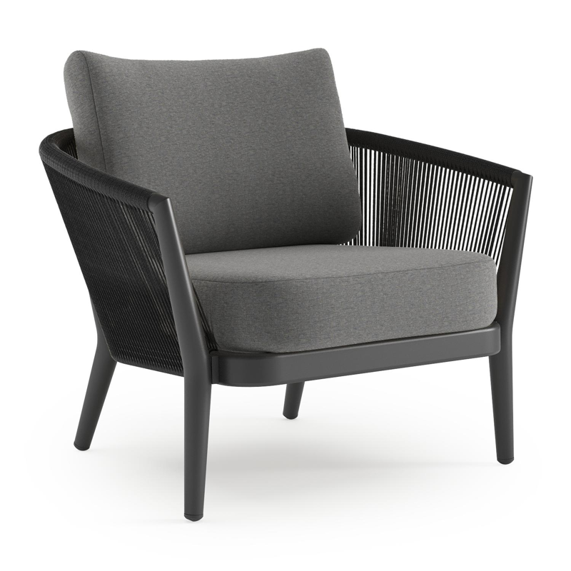 Orso loungestoel in zwart aluminium en zwart verticaal geweven ronde rope met Heritage Slate all weather sunbrella® luxe kussen