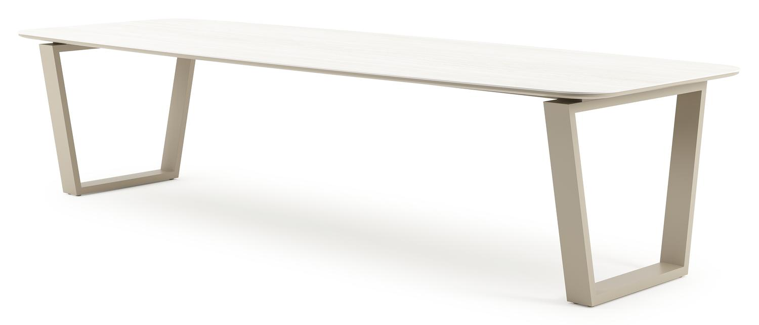 Table de jardin Pagino forme de bateau en aluminium beige et céramique pleine Calista Lg. 315 x Lrg. 115 x Haut. 73 cm