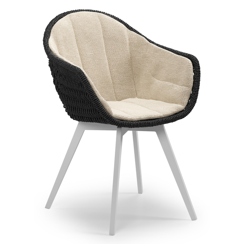 Pagino tuinstoel in wit aluminium en zwart ronde wicker met zitkussen in All Weather Cosytica Althea Chalk