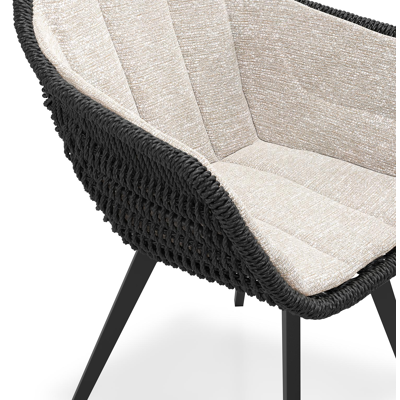 Pagino tuinstoel in zwart aluminium en zwart ronde wicker met zitkussen in All Weather Sunbrella® Luxe Tundra Sand