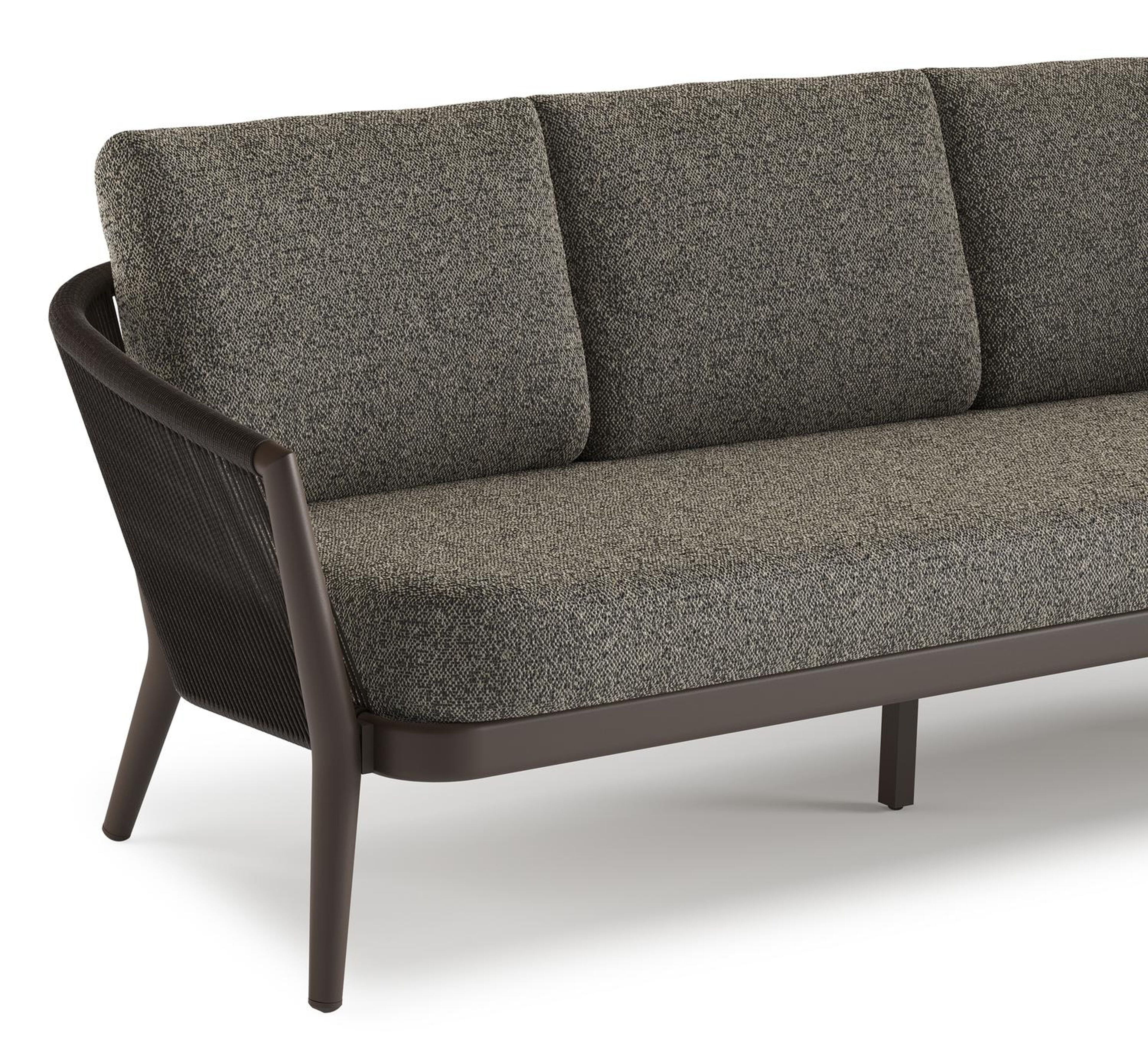 Canapé de jardin Orso en aluminium brun foncé en corde ronde tissée verticalement brun foncé et coussins en all weather cosytica Marbella Tunder