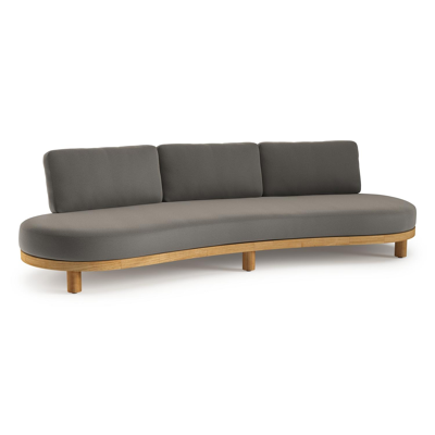 Canapé de jardin Donato en teck et corde ronde tissée verticalement beige et coussins en all weather sunbrella® luxe Natte Dark Taupe