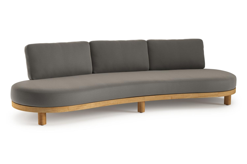 Canapé de jardin Donato en teck et corde ronde tissée verticalement beige et coussins en all weather sunbrella® luxe Natte Dark Taupe