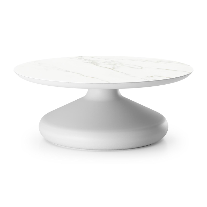 Table de basse Bomero ronde en aluminium blanc et céramique pleine Calacatta - Diam. 84 x Haut. 32.2 cm