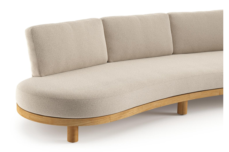 Donato loungebank in teak en beige verticaal geweven ronde rope met all weather sunbrella® luxe Lopi Sand kussen