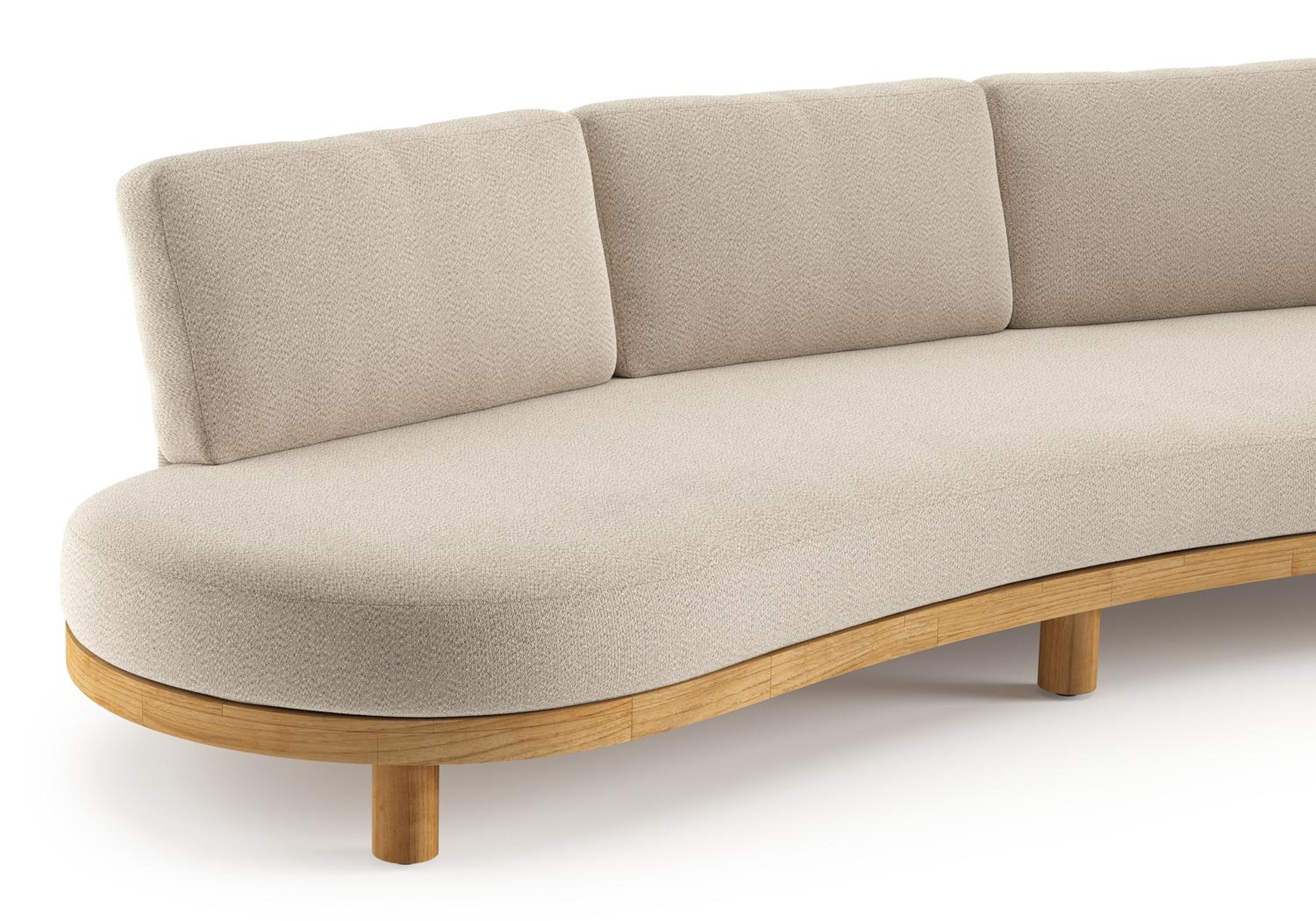 Canapé de jardin Donato en teck et corde ronde tissée verticalement beige et coussins en all weather sunbrella® luxe Lopi Sand