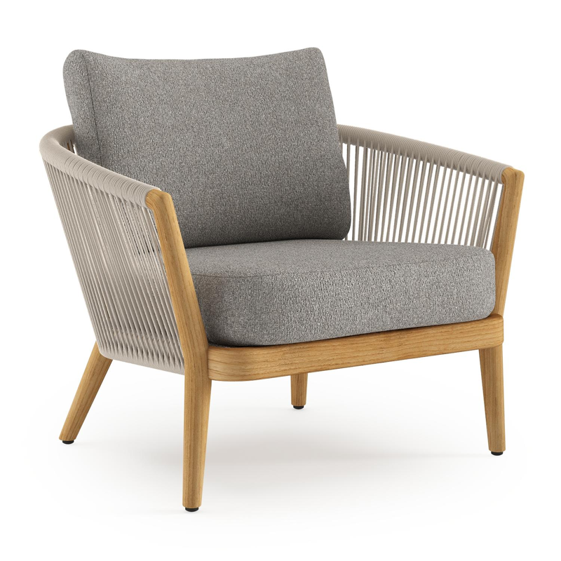 Orso loungestoel in teak en beige verticaal geweven ronde rope met Tundra Charcoal all weather sunbrella® luxe kussen