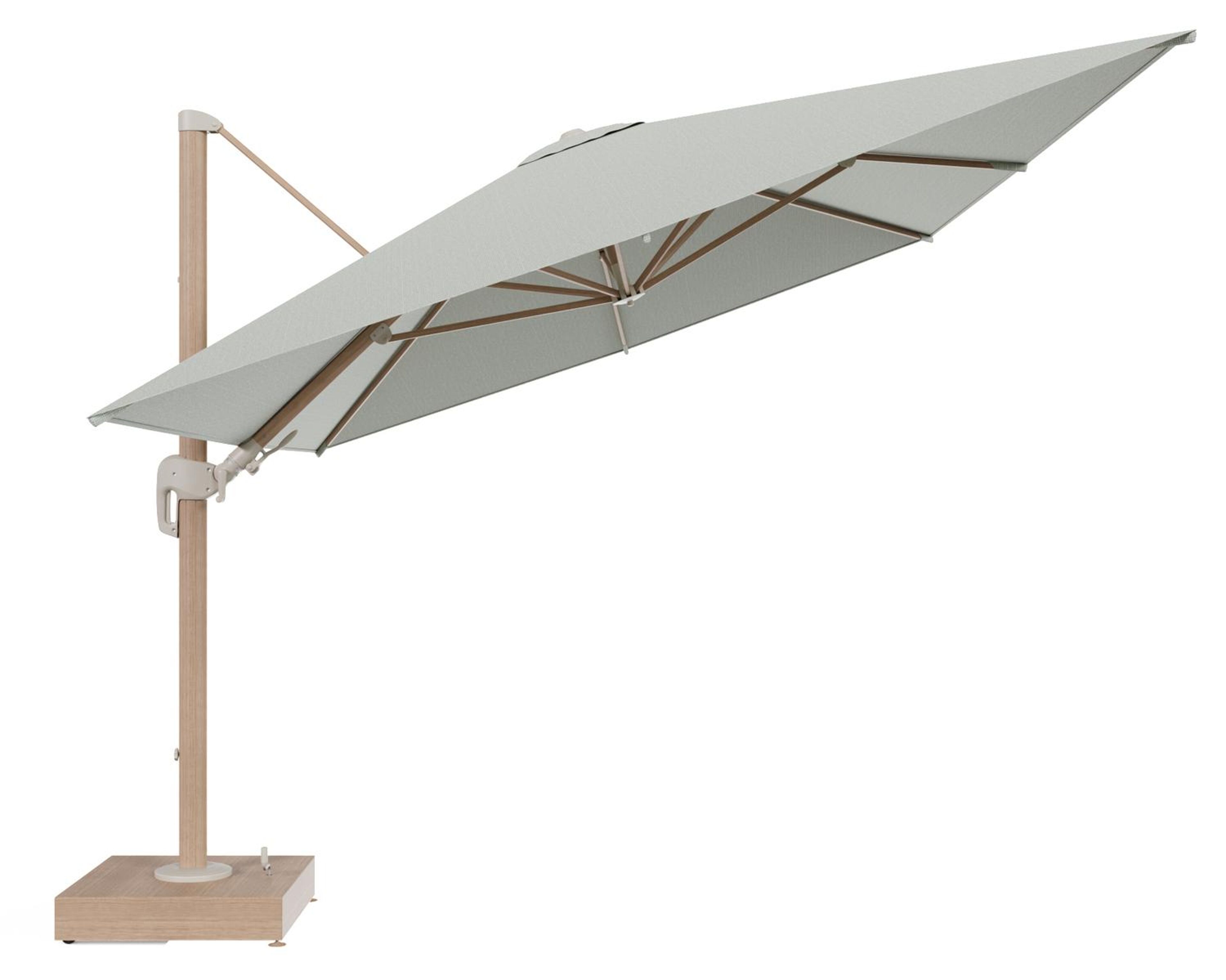 Rufina zweefparasol met tiltfunctie in houtlook aluminium en Slow Spirea All Weather Sunbrella® Luxe parasoldoek - L1 400 x L2 300 cm met parasolvoet Minore 150 kg met wielen