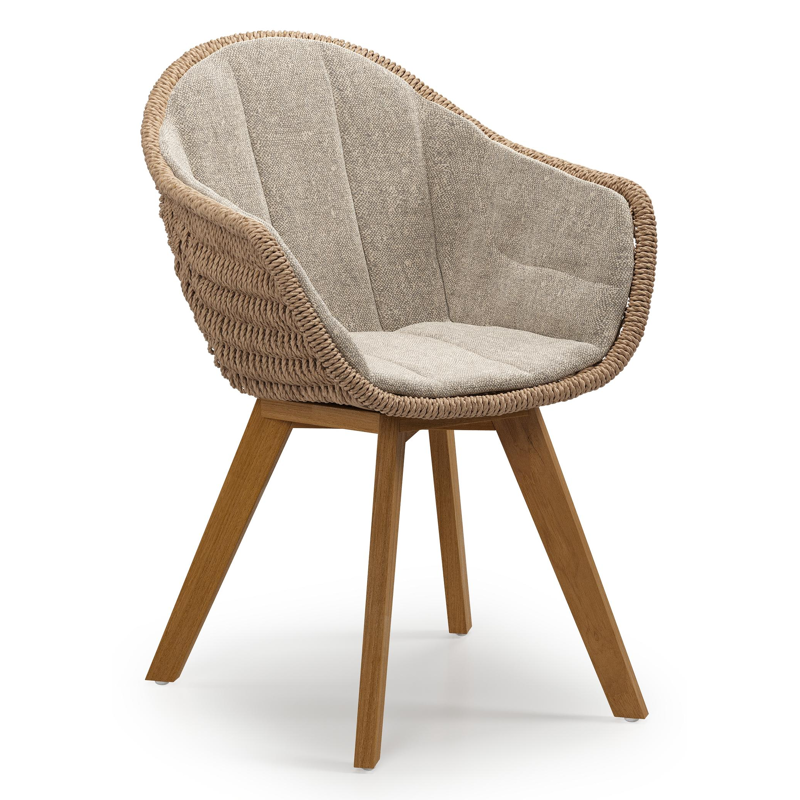 Pagino tuinstoel in teak en naturel ronde wicker met kussen in chartres pewter all weather sunbrella® luxe