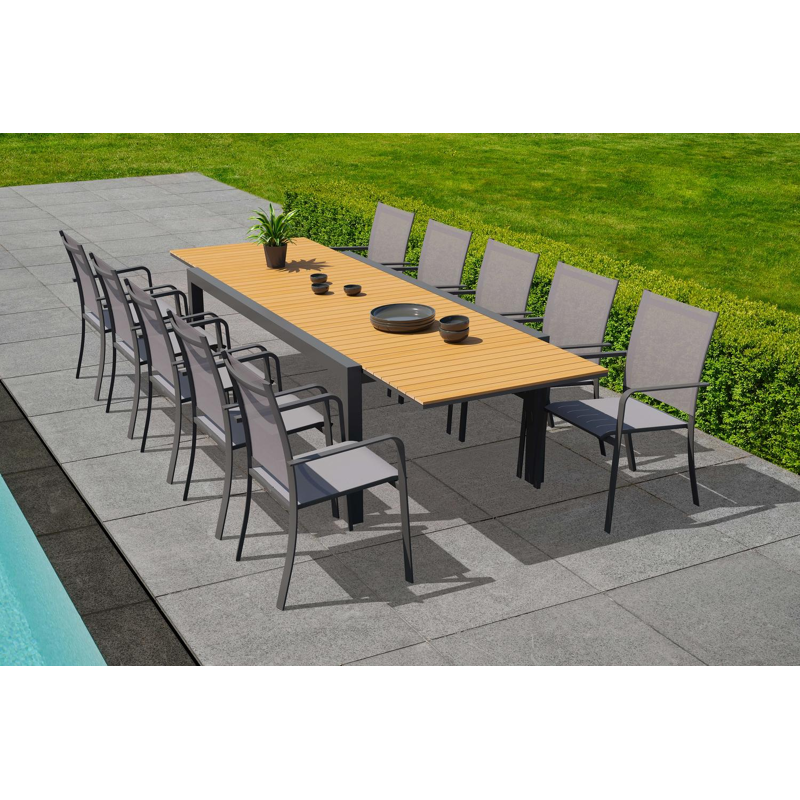 Ensemble de jardin Calobra avec table extensible en aluminium noir avec plateau de table en teck naturel et 10 chaises de jardin empilables Calobra