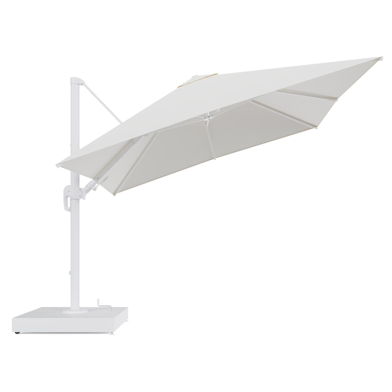 Rufina zweefparasol met tiltfunctie in wit aluminium en Natte White All Weather Sunbrella® Luxe parasoldoek - L1 300 x L2 300 cm met parasolvoet Minore 260 kg met wielen