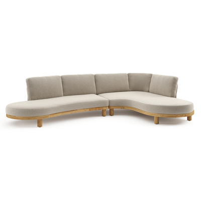 Salon de jardin d'angle Donato en teck et corde ronde tissée verticalement beige et coussins en all weather cosytica Catania Sand