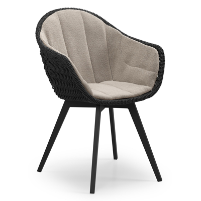 Pagino tuinstoel in zwart aluminium en zwart wicker met kussen in savane coconut all weather sunbrella® luxe