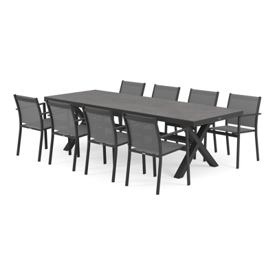 Reza tuinset in zwart aluminium en grijs volkeramiek tafelblad met 8 stapelbare Bareto tuinstoelen