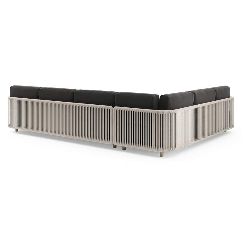 Organo loungehoek in beige aluminium en beige verticaal geweven luxe vlakke rope met natte sooty all weather Sunbrella® luxe kussen