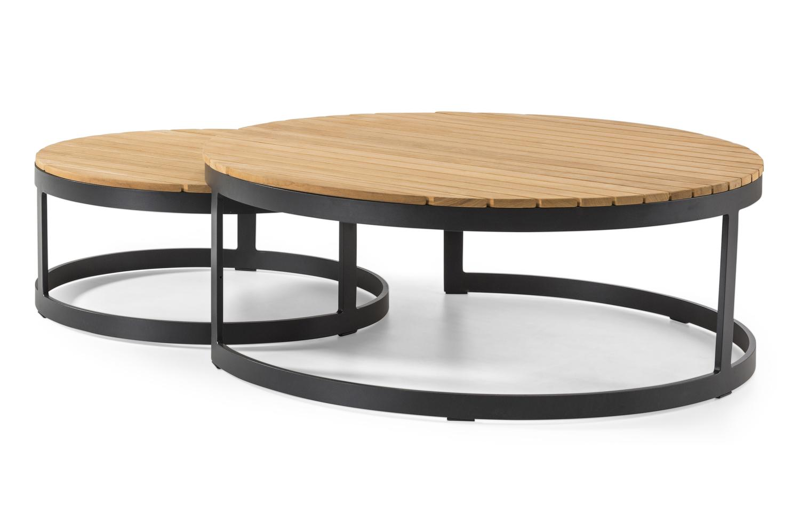 Enna loungetafels in zwart aluminium en naturel teak - tafel 1: Dia. 70 x H 30, tafel 2: Dia.100 x H 37 cm