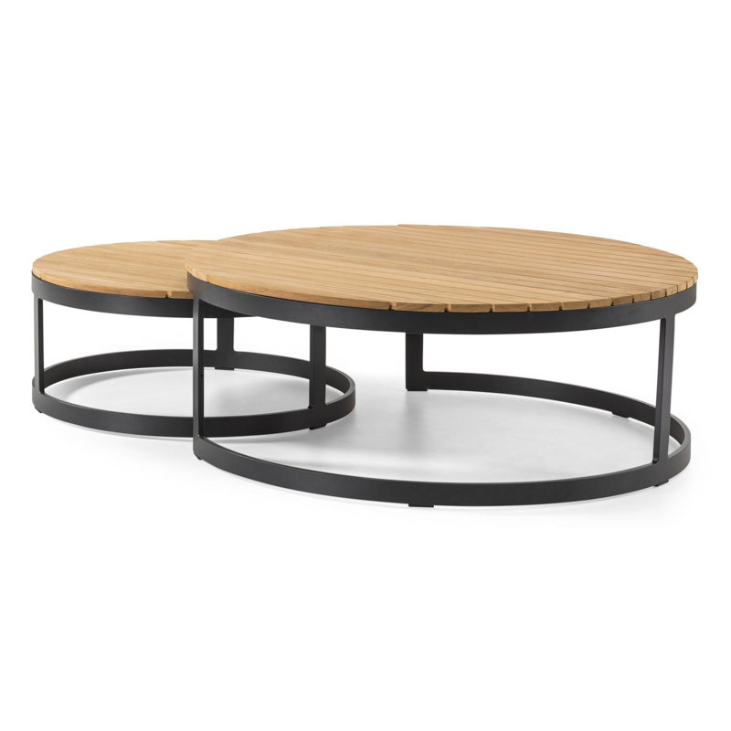 Enna loungetafels in zwart aluminium en naturel teak - tafel 1: Dia. 70 x H 30, tafel 2: Dia.100 x H 37 cm