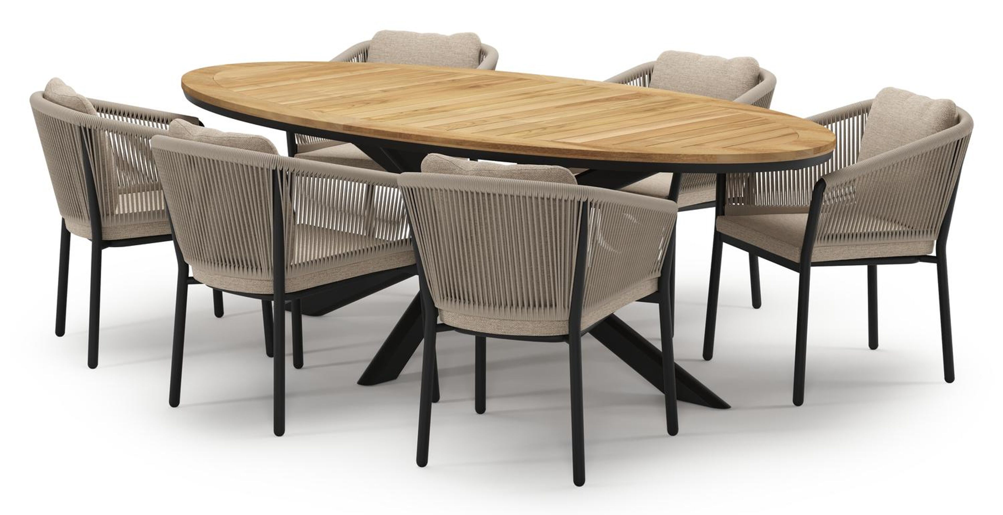 Pamplona tuinset in zwart aluminium en teak met 6 Gerona tuinstoelen