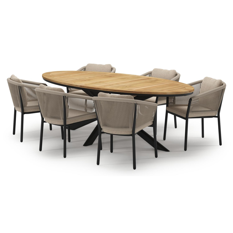 Pamplona tuinset in zwart aluminium en teak met 6 Gerona tuinstoelen