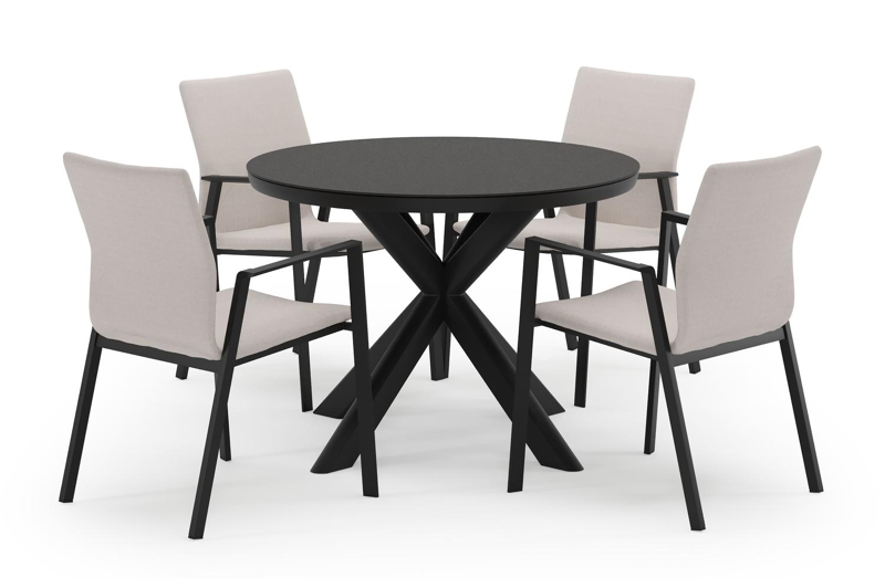 Pamplona ronde tuinset in zwart aluminium en sintered stone notte minerale met 4 Madura tuinstoelen
