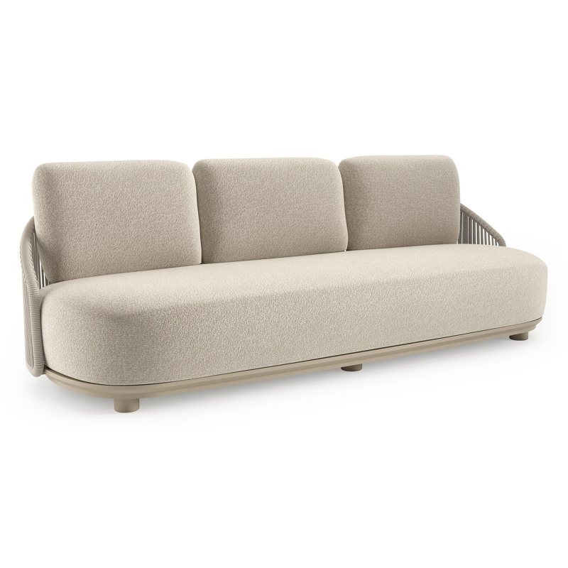 Canapé de jardin Vadelo en aluminium beige et corde ronde tissée verticalement beige et coussins en all weather cosytica marbella ecru
