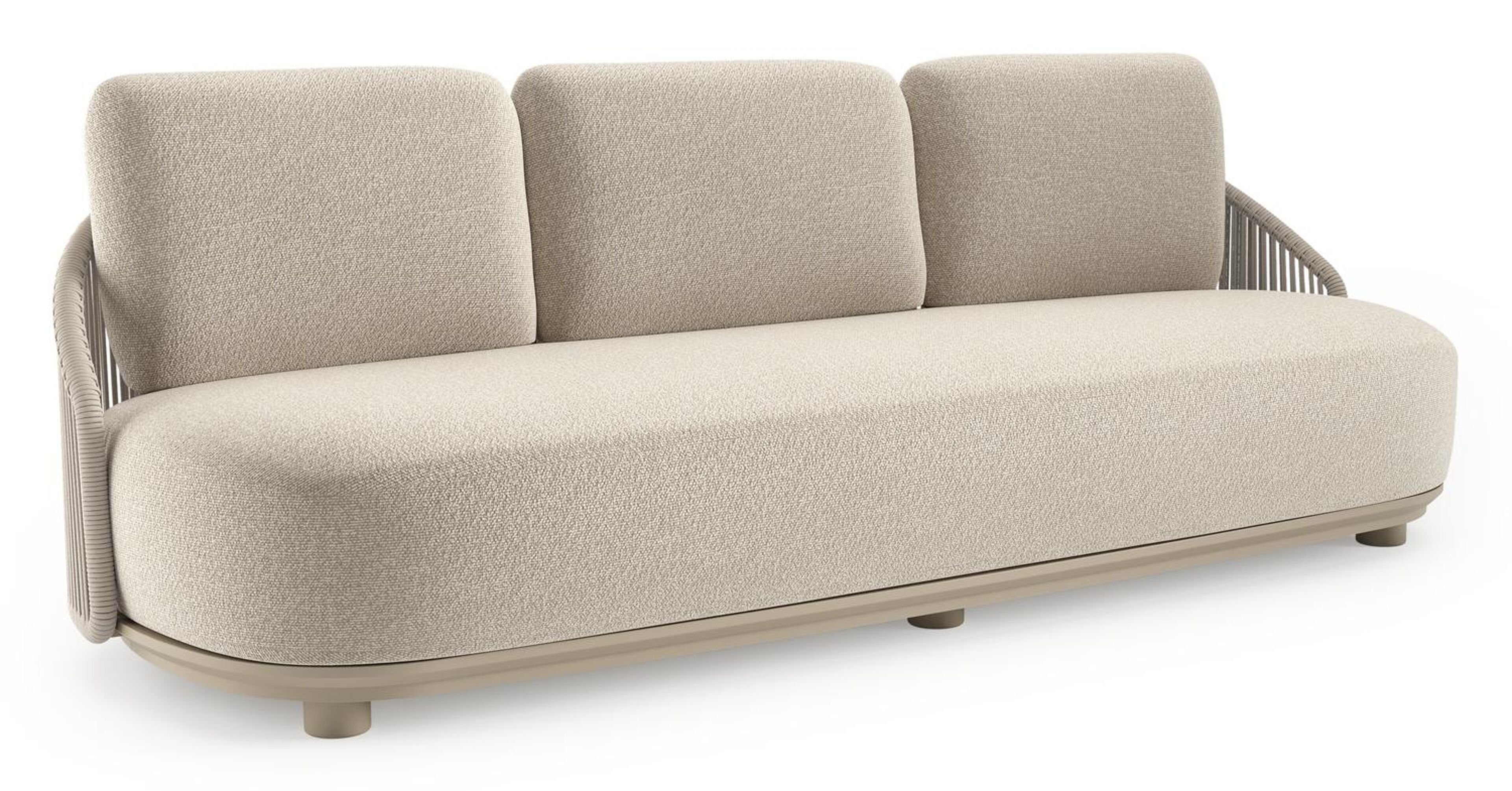 Canapé de jardin Vadelo en aluminium beige et corde ronde tissée verticalement beige et coussins en all weather cosytica marbella ecru