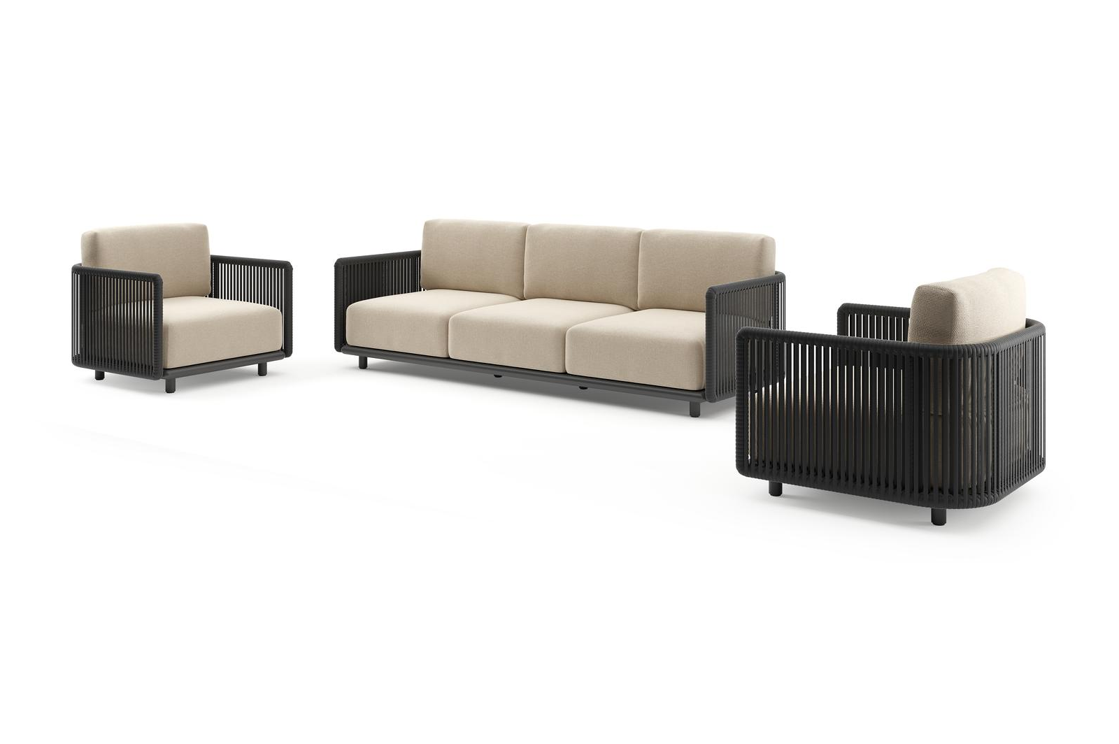 Salon de jardin Organo en aluminium noir et corde luxe plate tissée verticalement noir et coussin en all weather Cosytica althea chalk