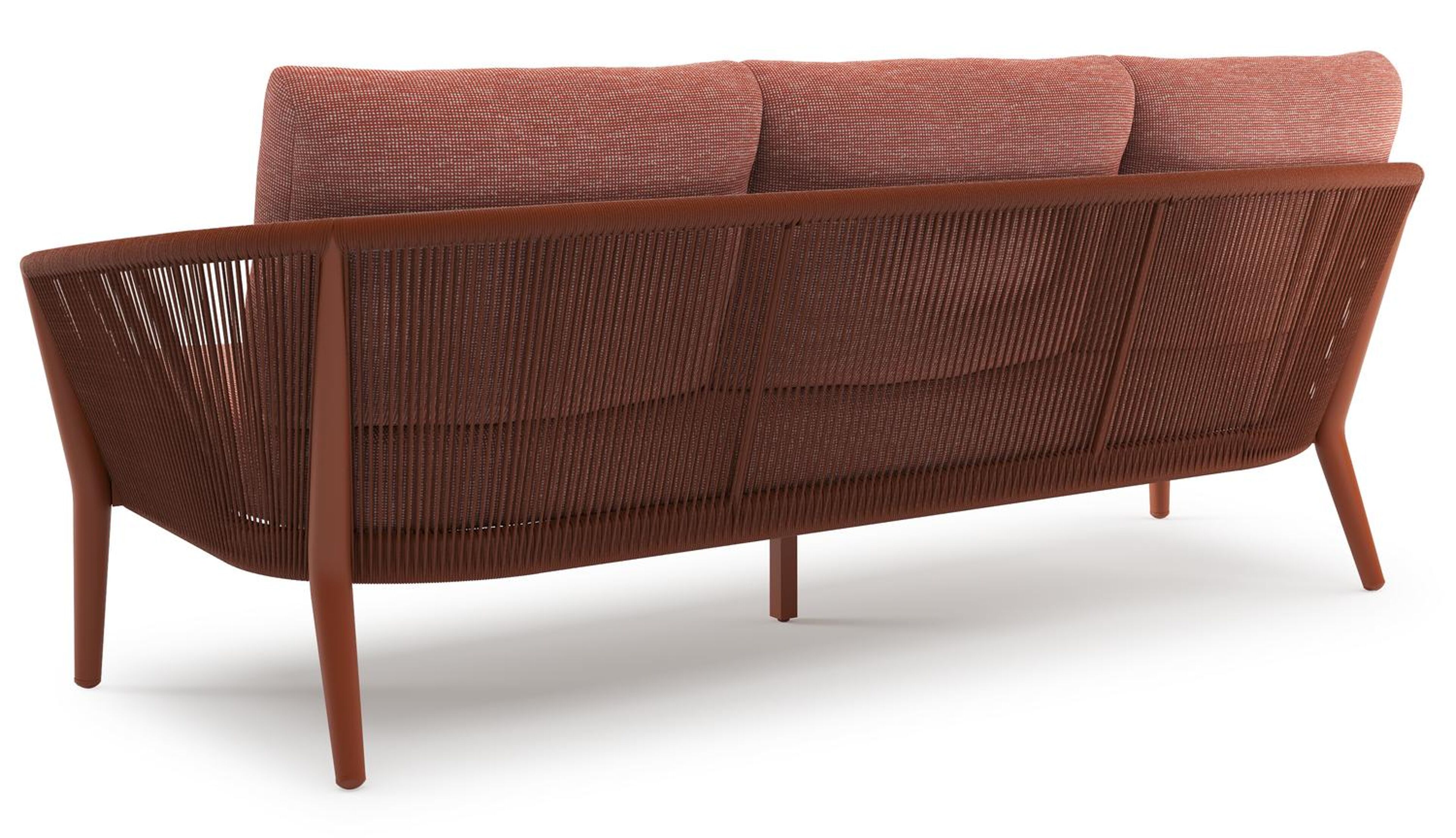 Salon de jardin Orso en aluminium brun rouille en corde ronde tissée verticalement brun rouille et coussins en all weather sunbrella® luxe Slow Alezan