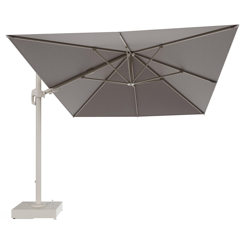 Parasol pendant Rufina avec fonction tilt en aluminium beige et toile de parasol All Weather Sunbrella® Luxe Wander Granite - Lg.1 400 x Lg.2 300 cm avec pied de parasol Minore 150 kg avec roulettes