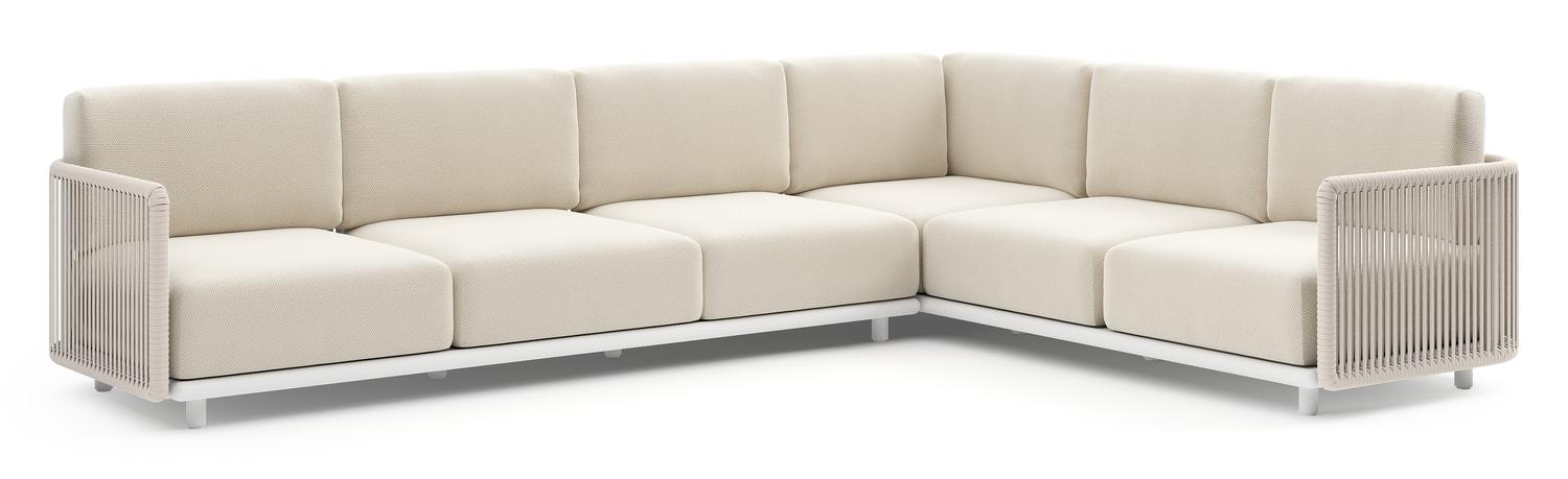 Organo loungehoek in wit aluminium en beige verticaal geweven luxe vlakke rope met althea off white All Weather Cosytica kussens