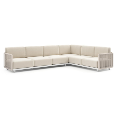 Organo loungehoek in wit aluminium en beige verticaal geweven luxe vlakke rope met althea off white All Weather Cosytica kussens