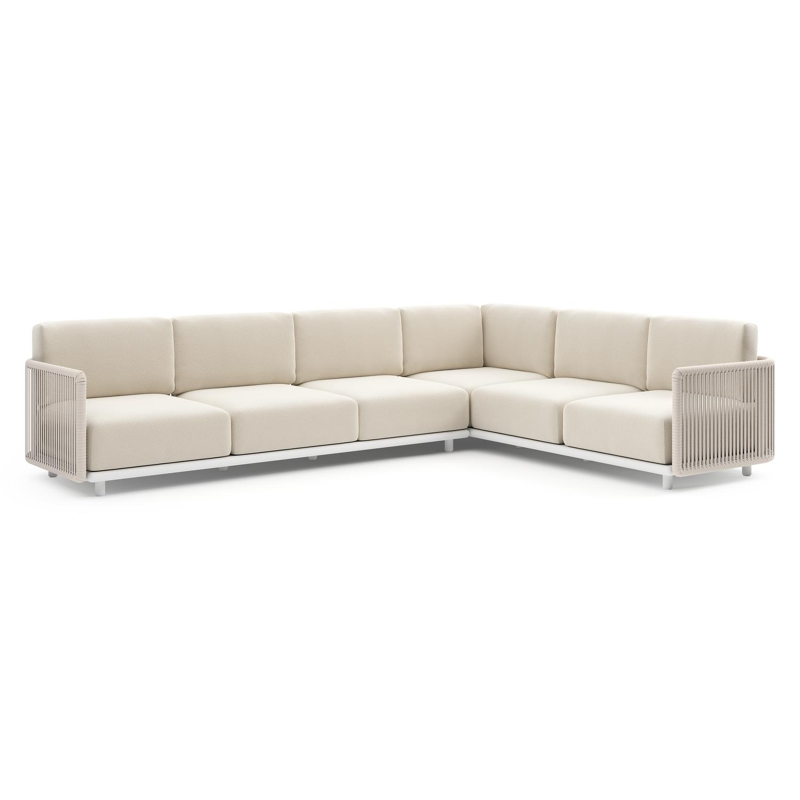 Organo loungehoek in wit aluminium en beige verticaal geweven luxe vlakke rope met althea off white All Weather Cosytica kussens