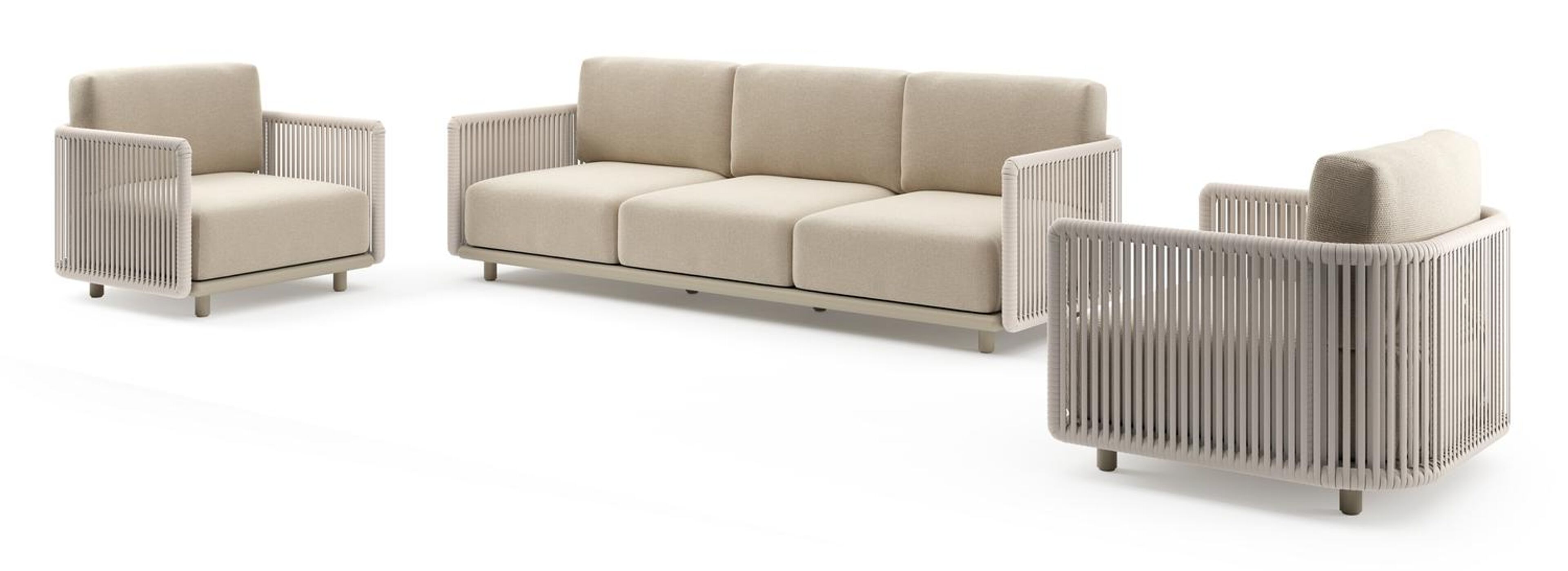 Organo loungeset in beige aluminium en beige verticaal geweven luxe vlakke rope met althea chalk all weather Cosytica kussen