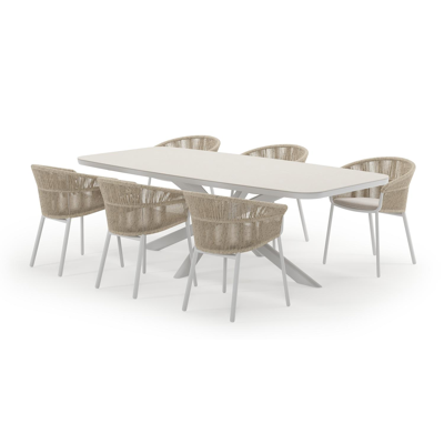 Pamplona bootvormige tuinset in wit aluminium en sintered stone crema minerale met 6 Matera tuinstoelen