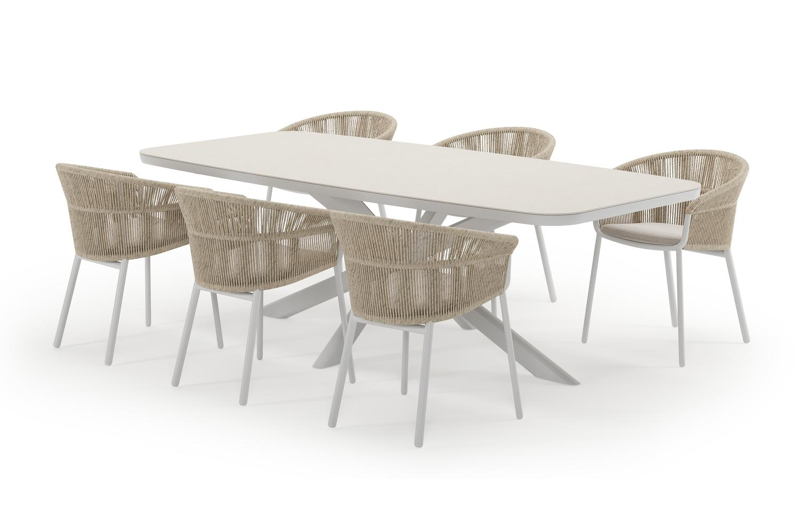 Pamplona bootvormige tuinset in wit aluminium en sintered stone crema minerale met 6 Matera tuinstoelen